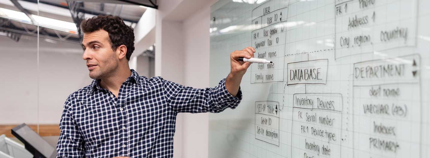 Man talking in front of whiteboard