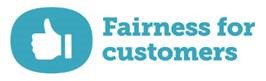 Thumbs up on blue background next to text saying Fairness for customers